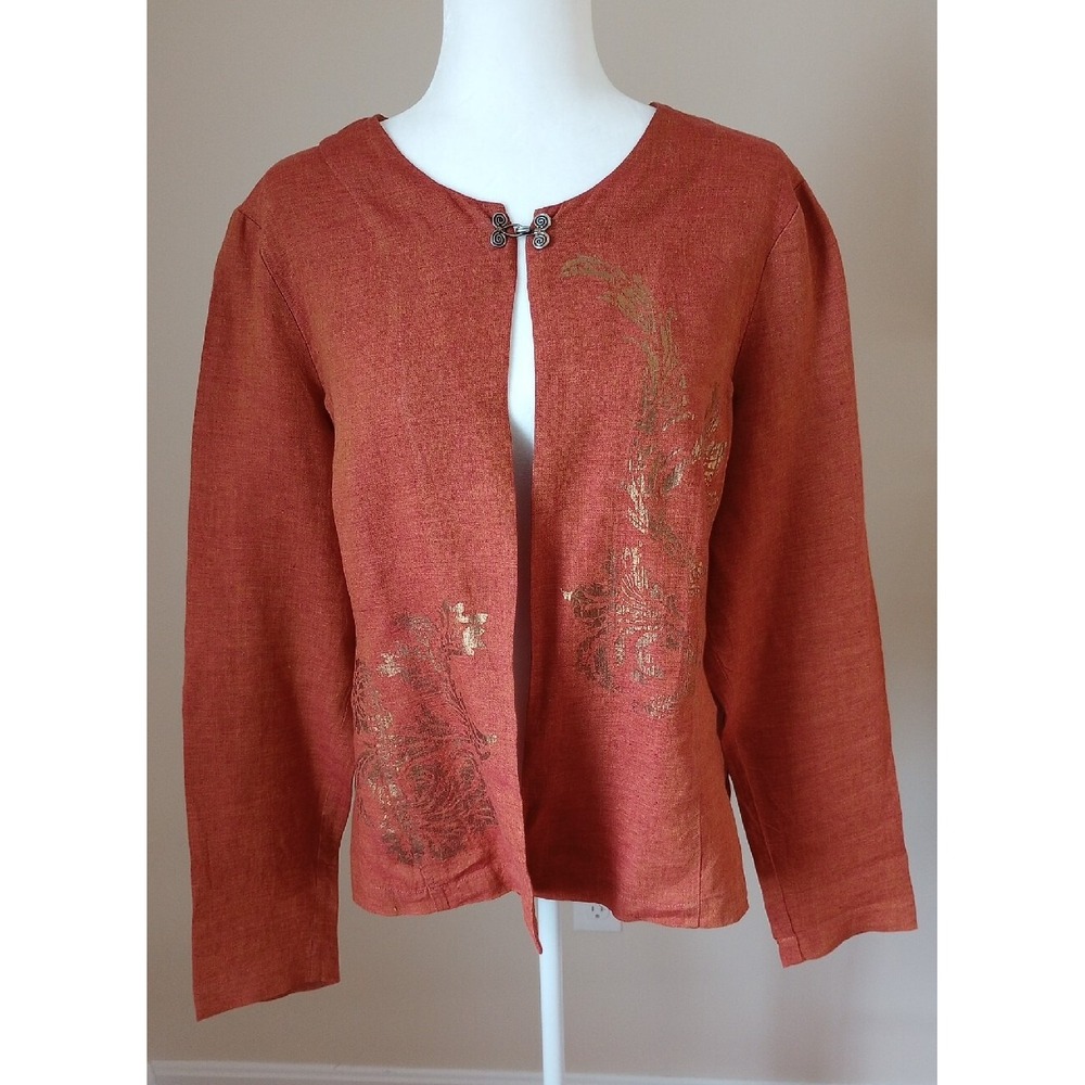 Karen Kane Linen Long Sleeve Jacket Unlined W/Frog Closure Size:16 Rust/Gold